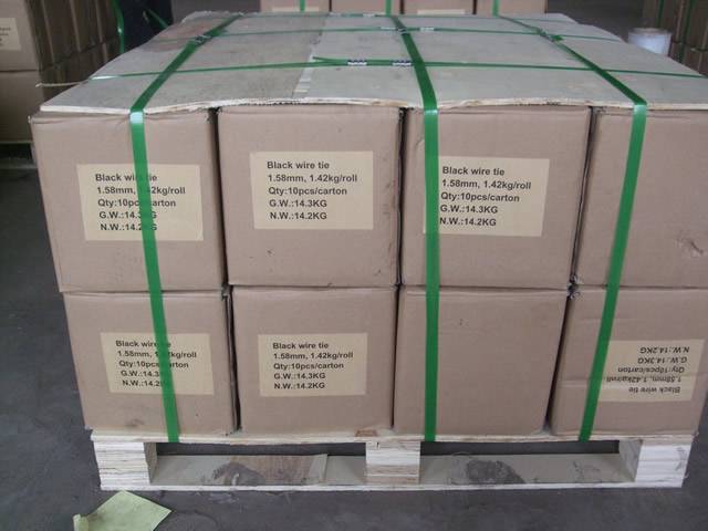 A pallet with several cartons on it. The cartons are filled with black tie wires.
