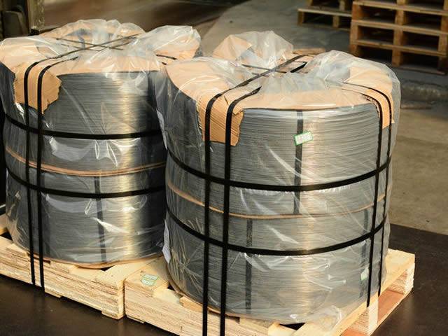 Two bundles of hard galvanized steel wire is packed in wooden pallet.