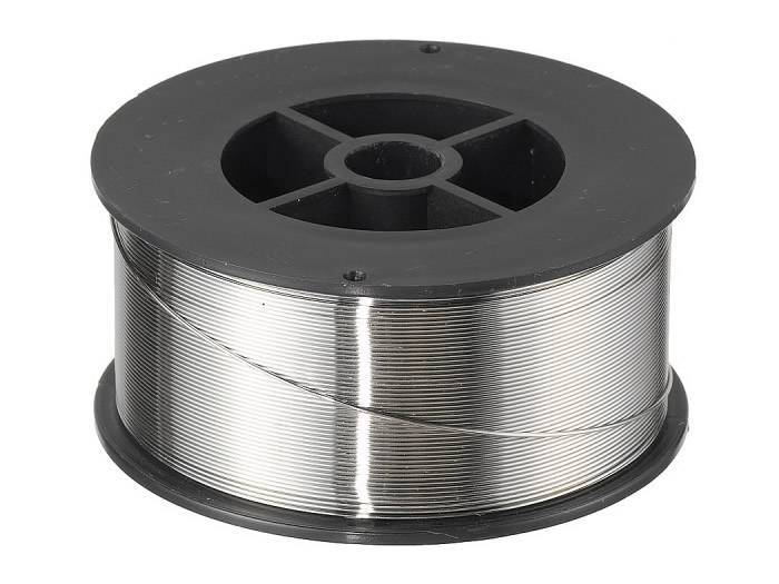A small spool of stainless steel wire on the white background.
